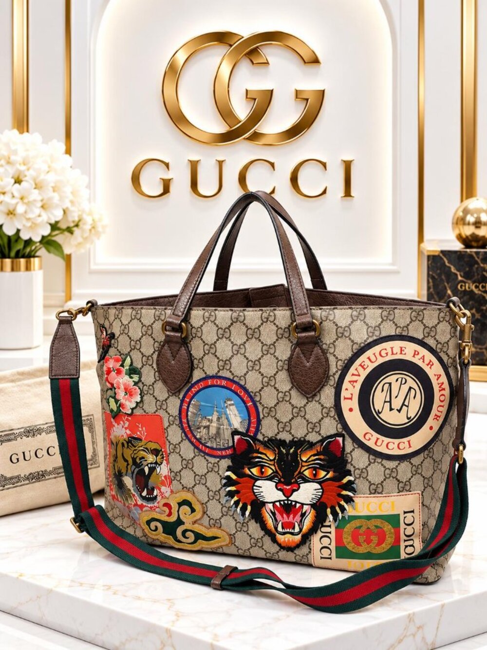 Authentic Gucci GG Supreme Courrier Soft Tote Bag Tiger Patches Web Strap Brown